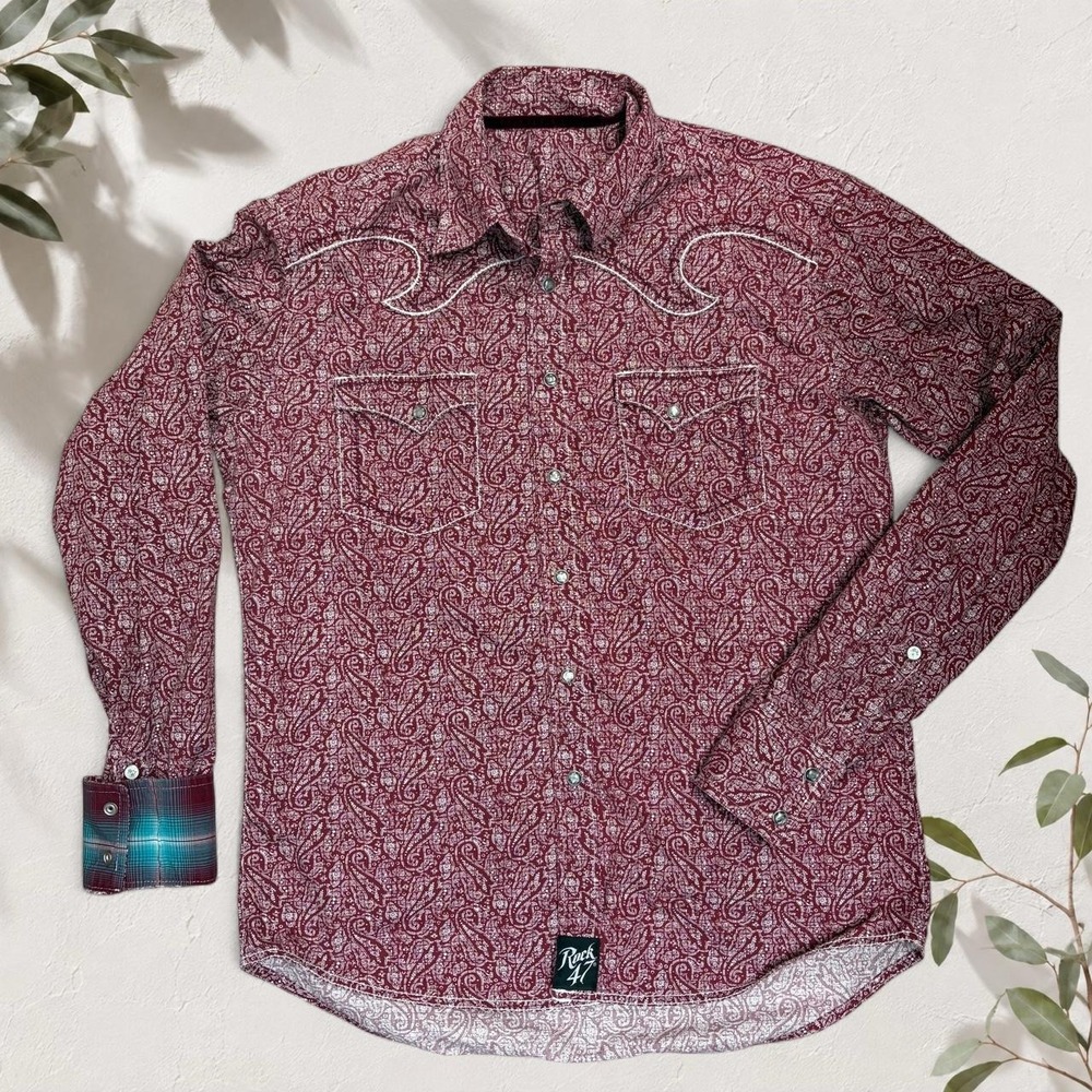 Rock 47 Wrangler Burgundy Paisley Pearl Snap Western Shirt Mens Size M MRC379M